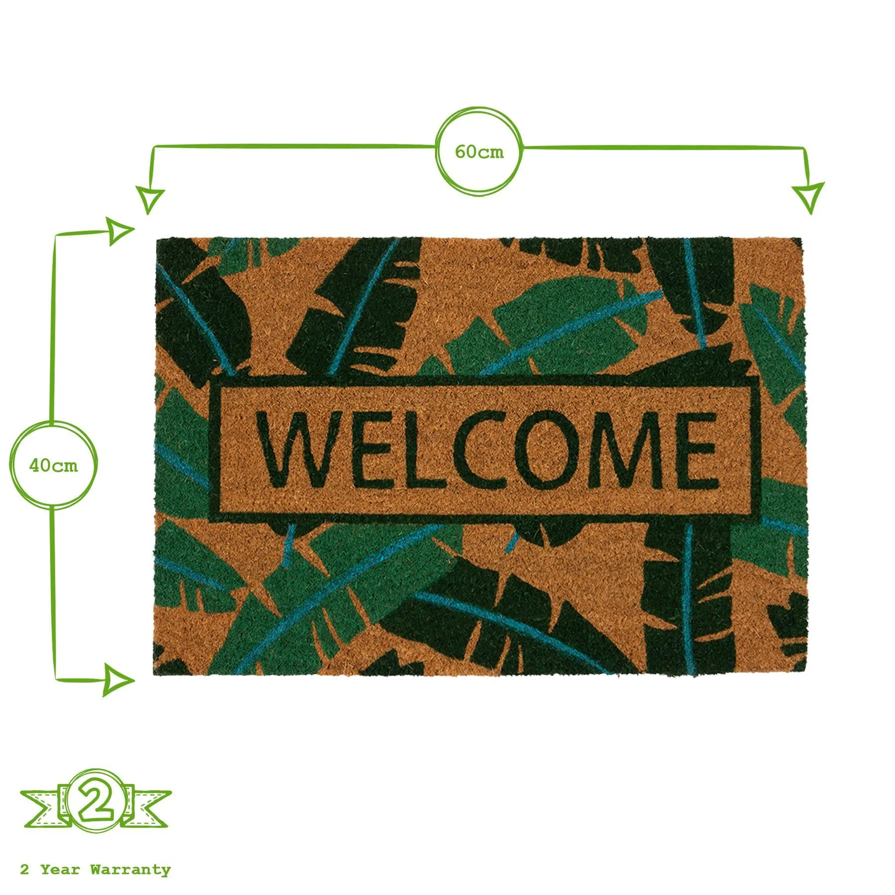 60cm x 40cm Banana Leaf Welcome Coir Door Mat - By Nicola Spring