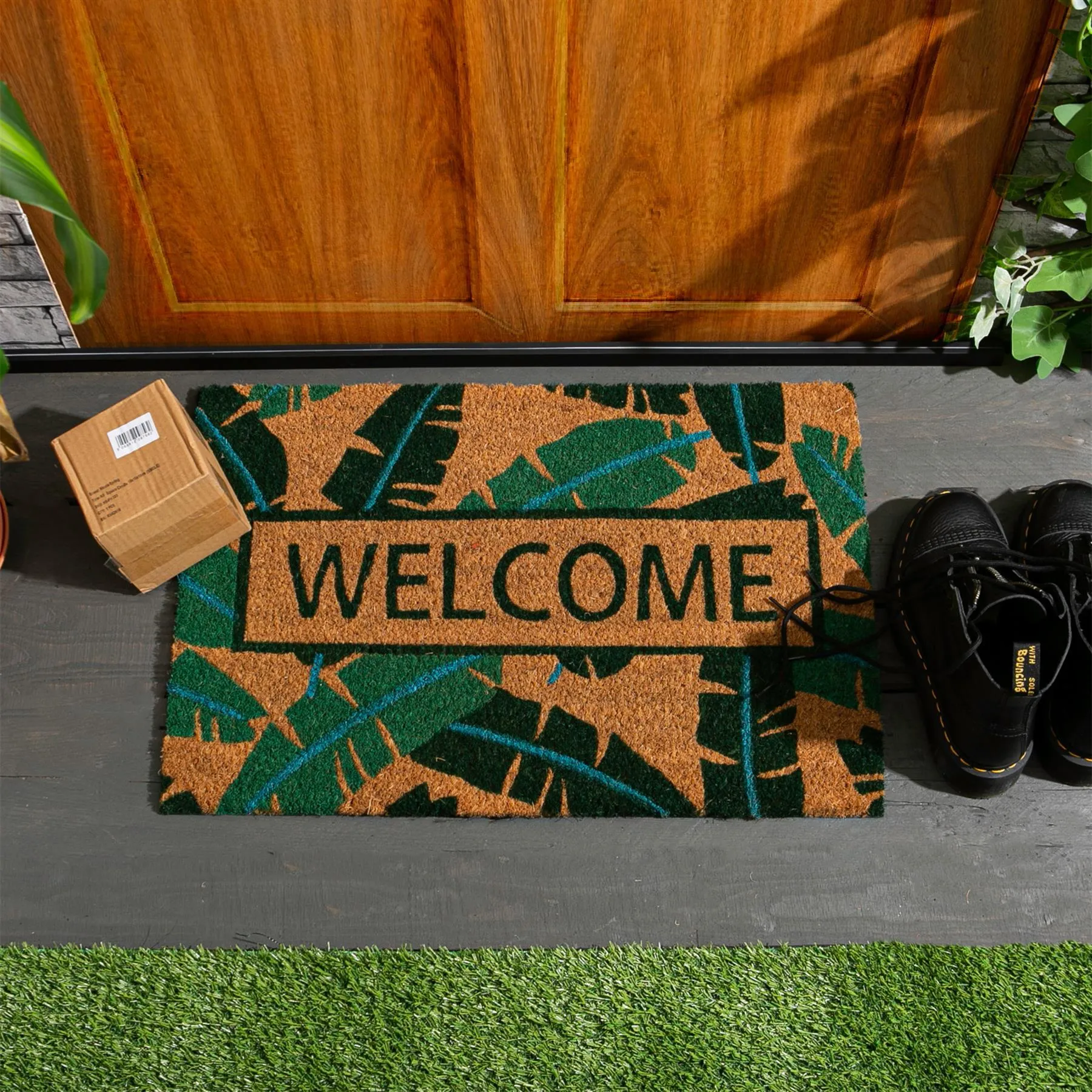 60cm x 40cm Banana Leaf Welcome Coir Door Mat - By Nicola Spring