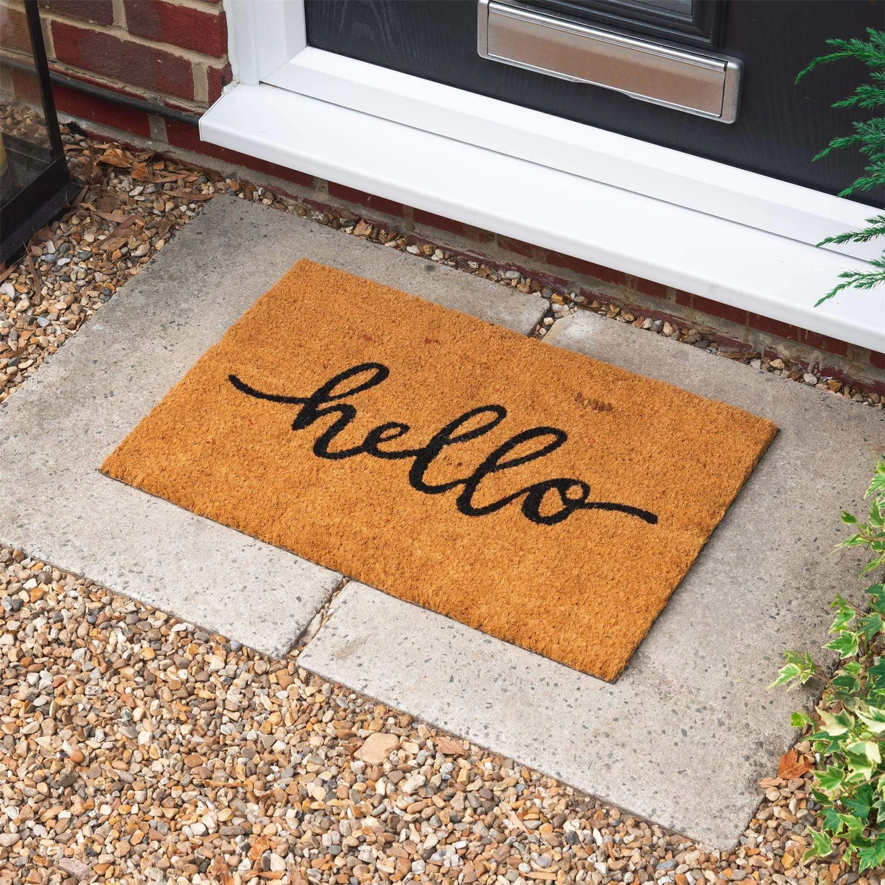 60cm x 40cm Brown Hello Coir Door Mat - By Nicola Spring