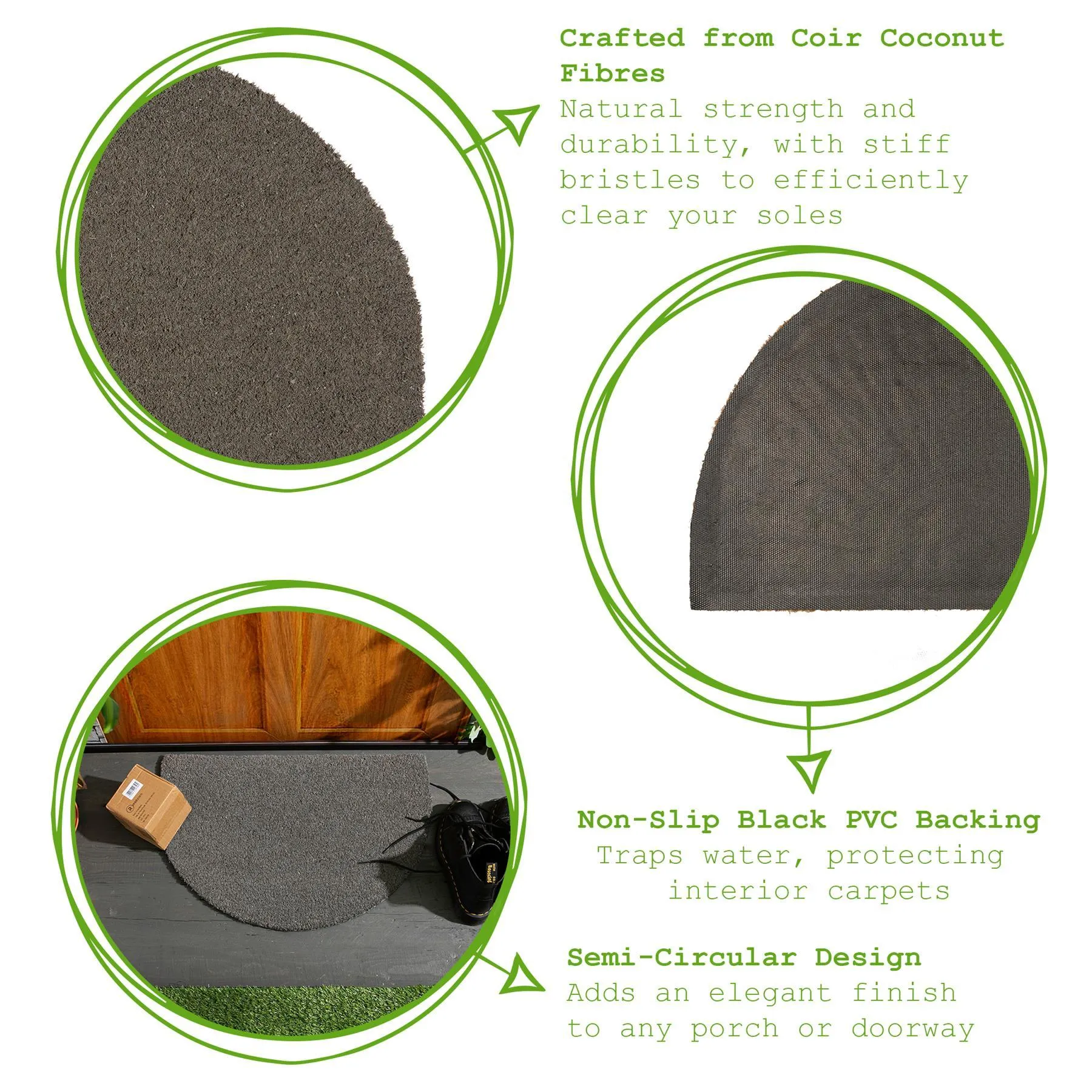 60cm x 40cm Grey Coir Half Moon Door Mat - By Nicola Spring