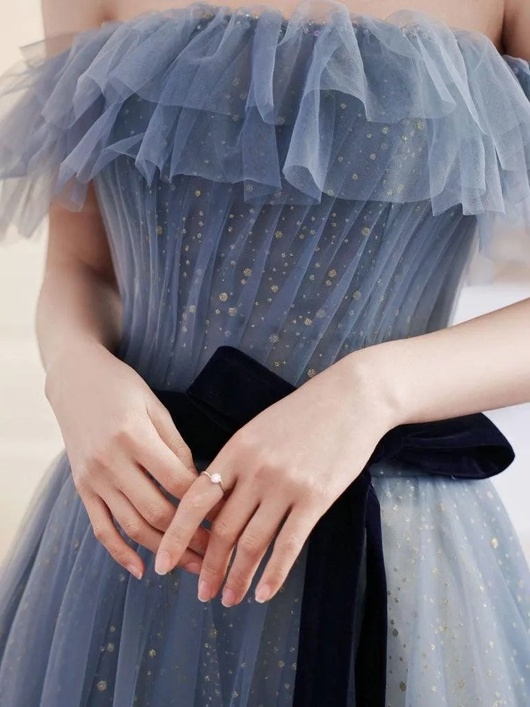 A-Line Gray Blue Off The Shoulder Long Prom Dress Sparkly Evening Dress TP1068
