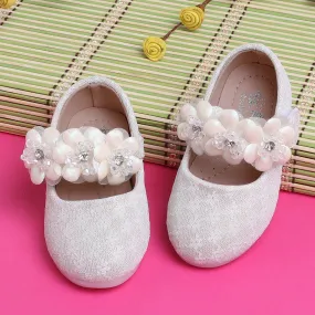 Baby Moo Mary Jane Lace Floral Applique On Velcro Strap Anti-Skid Ballerina Shoes - Gold