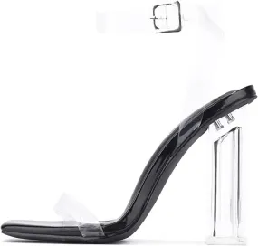 Cape Robbin Maria-2 Black Clear Block High Heel Transparent Open Toe Pumps