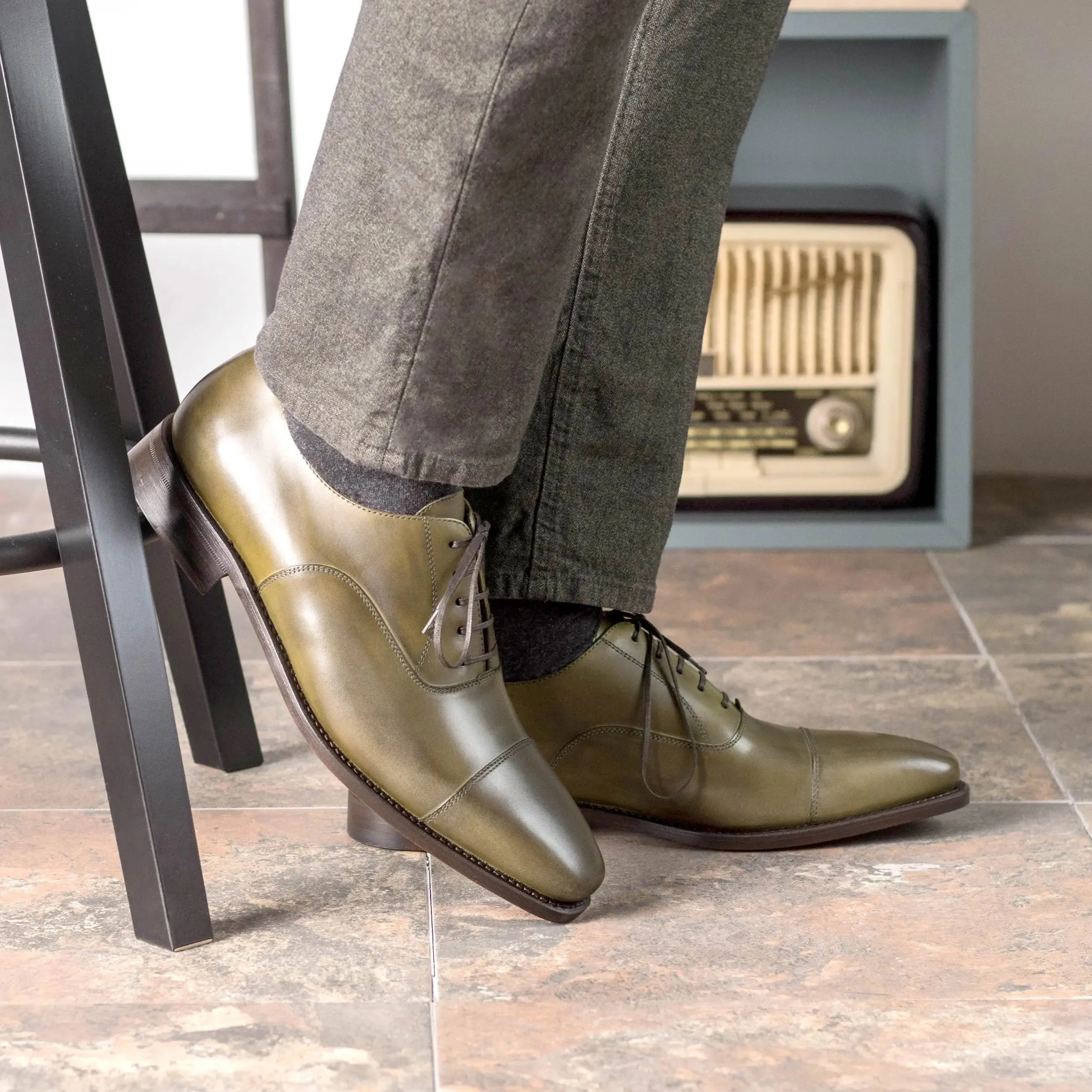 DapperFam Rafael in Olive Men's Italian Leather Oxford