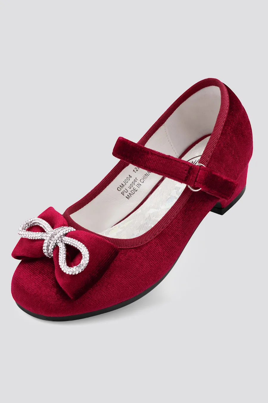 Girls Classic Mary Jane Shoes | Velvet Heels with Crystal Bows