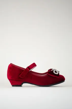 Girls Classic Mary Jane Shoes | Velvet Heels with Crystal Bows