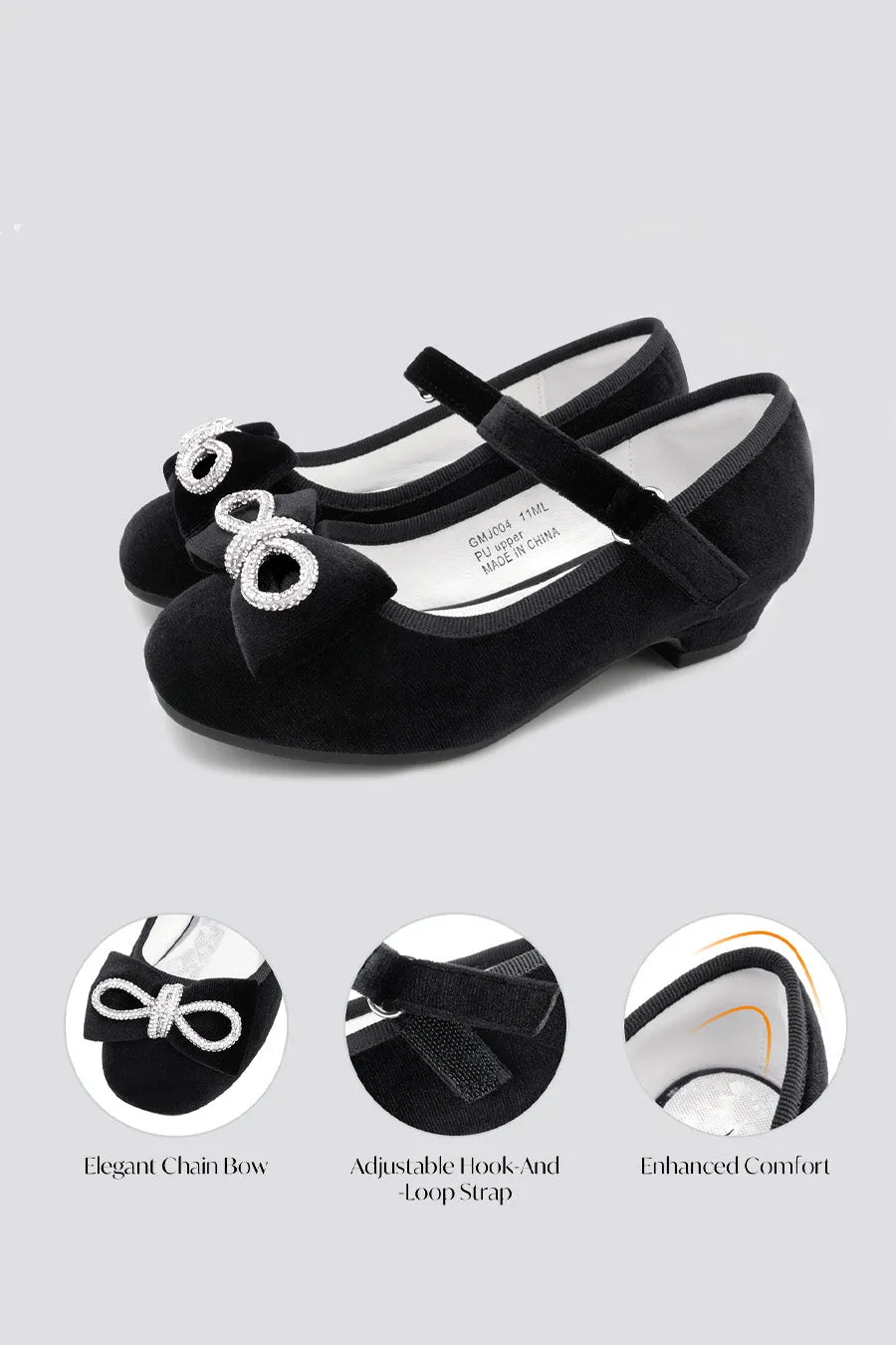 Girls Classic Mary Jane Shoes | Velvet Heels with Crystal Bows
