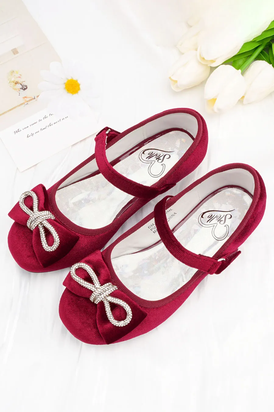 Girls Classic Mary Jane Shoes | Velvet Heels with Crystal Bows