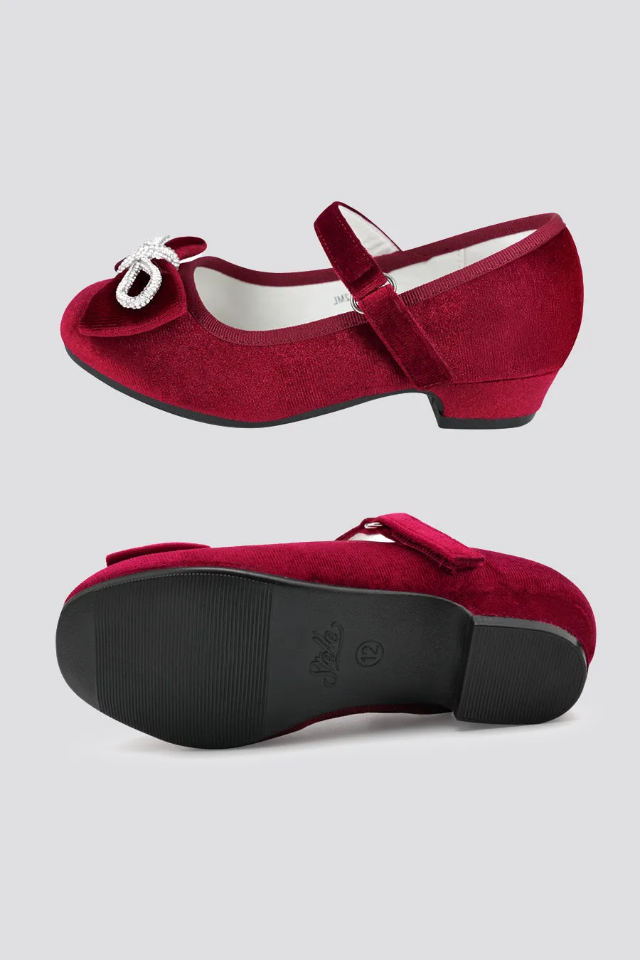 Girls Classic Mary Jane Shoes | Velvet Heels with Crystal Bows