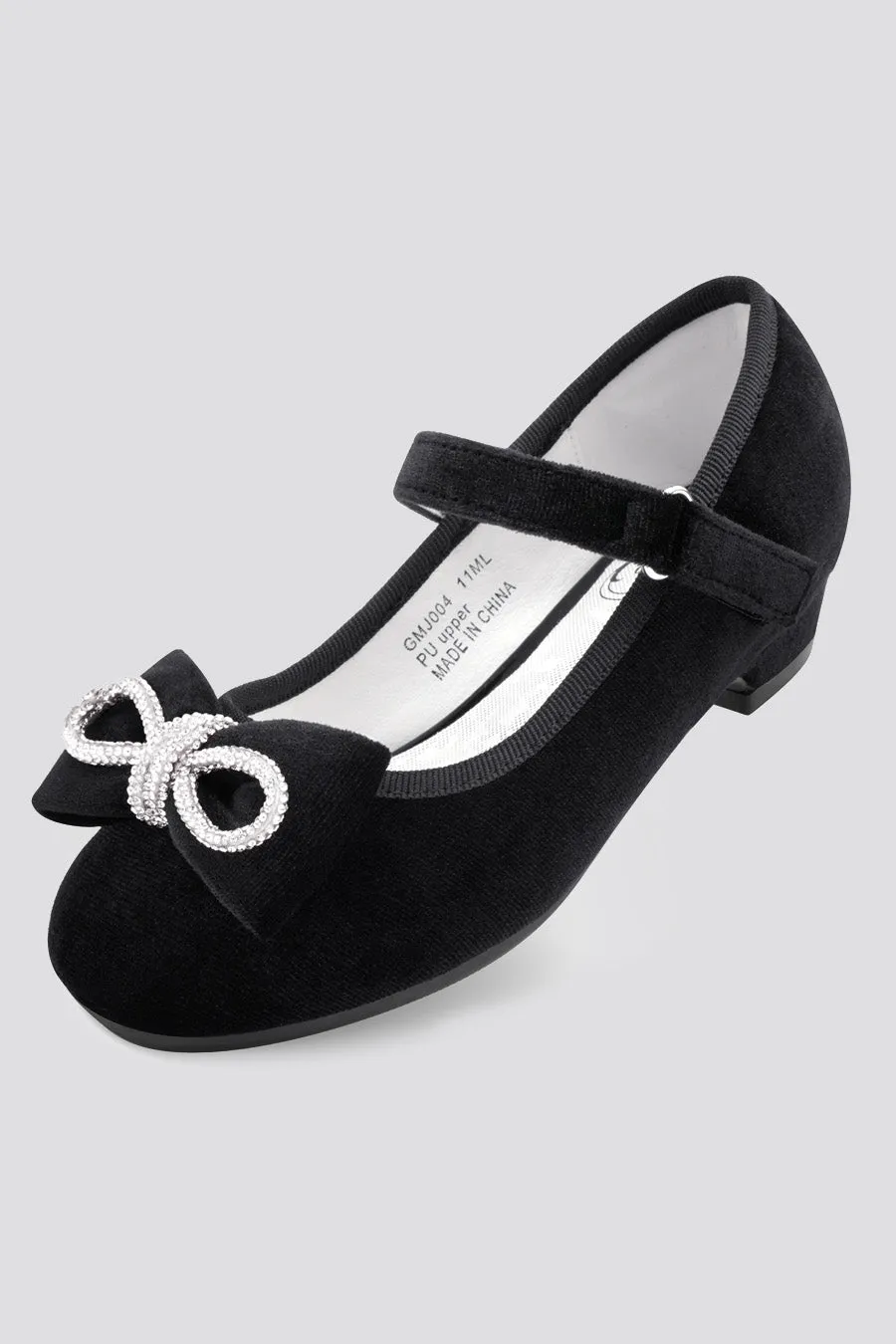 Girls Classic Mary Jane Shoes | Velvet Heels with Crystal Bows