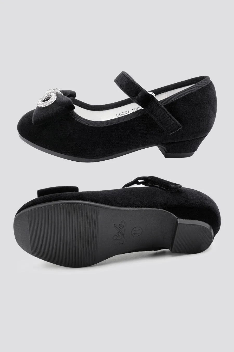 Girls Classic Mary Jane Shoes | Velvet Heels with Crystal Bows