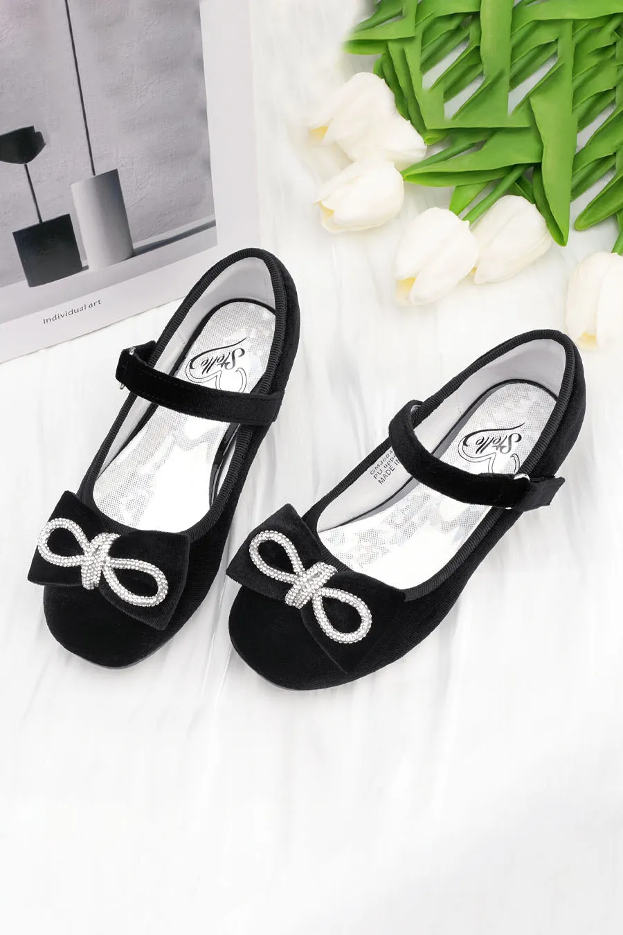 Girls Classic Mary Jane Shoes | Velvet Heels with Crystal Bows