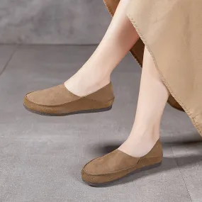 Handmade Retro Soft Nubuck Cow Leather Flat For Women Slip on Loafers Barefoot Shoes in Khaki/Grey