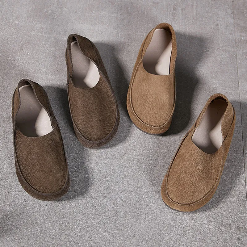 Handmade Retro Soft Nubuck Cow Leather Flat For Women Slip on Loafers Barefoot Shoes in Khaki/Grey