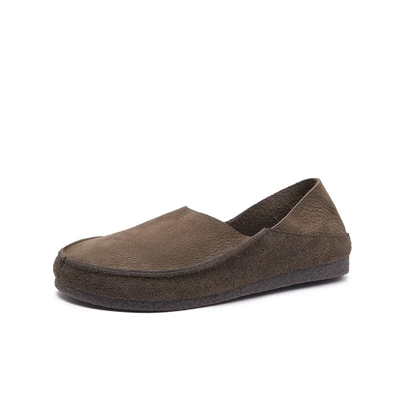 Handmade Retro Soft Nubuck Cow Leather Flat For Women Slip on Loafers Barefoot Shoes in Khaki/Grey
