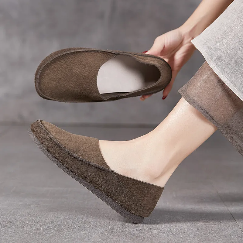 Handmade Retro Soft Nubuck Cow Leather Flat For Women Slip on Loafers Barefoot Shoes in Khaki/Grey