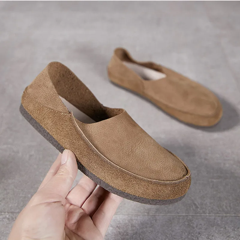 Handmade Retro Soft Nubuck Cow Leather Flat For Women Slip on Loafers Barefoot Shoes in Khaki/Grey
