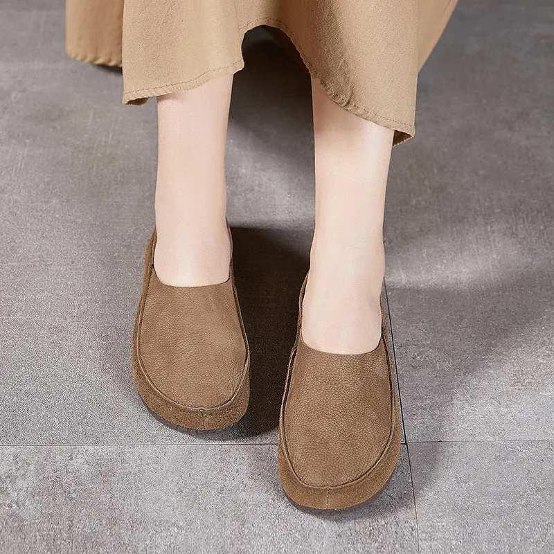 Handmade Retro Soft Nubuck Cow Leather Flat For Women Slip on Loafers Barefoot Shoes in Khaki/Grey