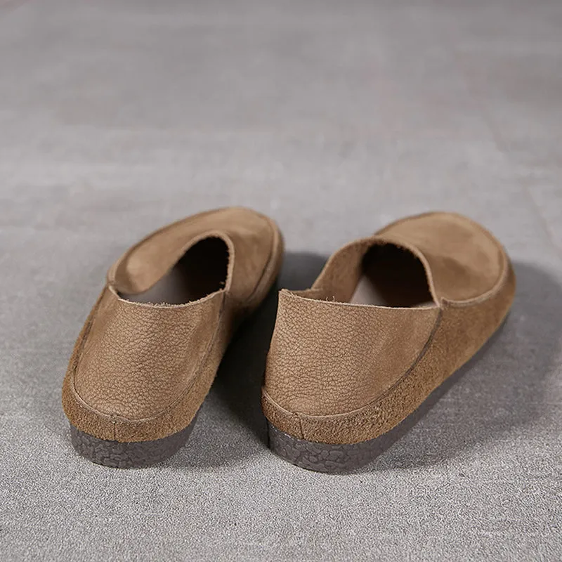 Handmade Retro Soft Nubuck Cow Leather Flat For Women Slip on Loafers Barefoot Shoes in Khaki/Grey