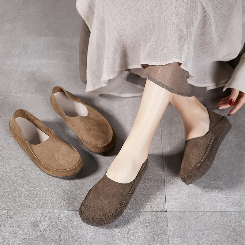 Handmade Retro Soft Nubuck Cow Leather Flat For Women Slip on Loafers Barefoot Shoes in Khaki/Grey