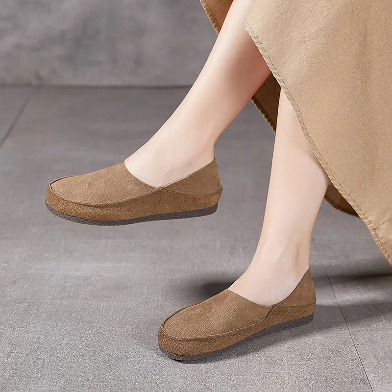 Handmade Retro Soft Nubuck Cow Leather Flat For Women Slip on Loafers Barefoot Shoes in Khaki/Grey