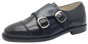 Hoo Shoes Boy's Black Smooth Leather Double Buckle Strap hook and loop Oxford Shoes