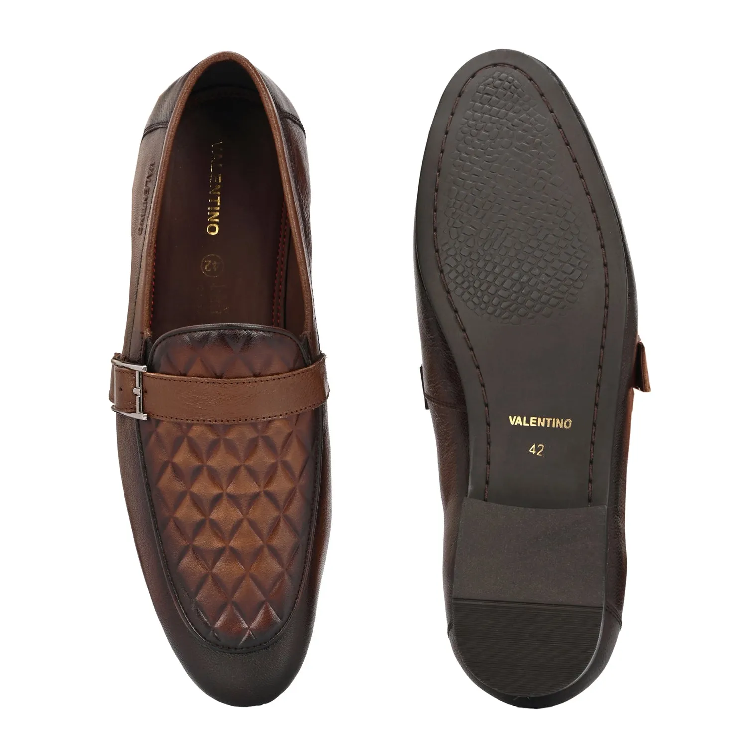 Men Premium Leather Quilted Pattern Penny Loafers with Tunit Sole (Speed-05-Cognac)