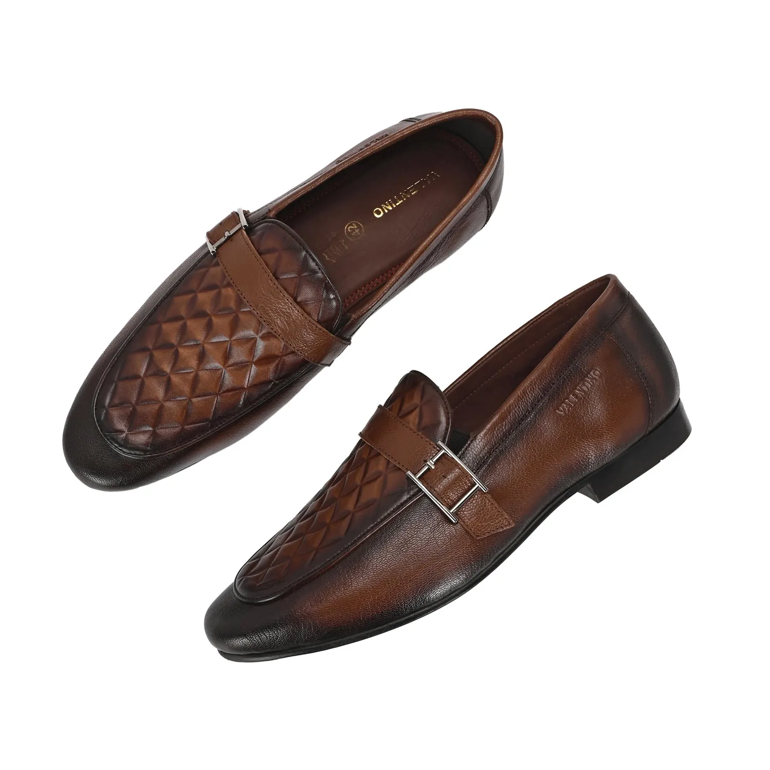 Men Premium Leather Quilted Pattern Penny Loafers with Tunit Sole (Speed-05-Cognac)