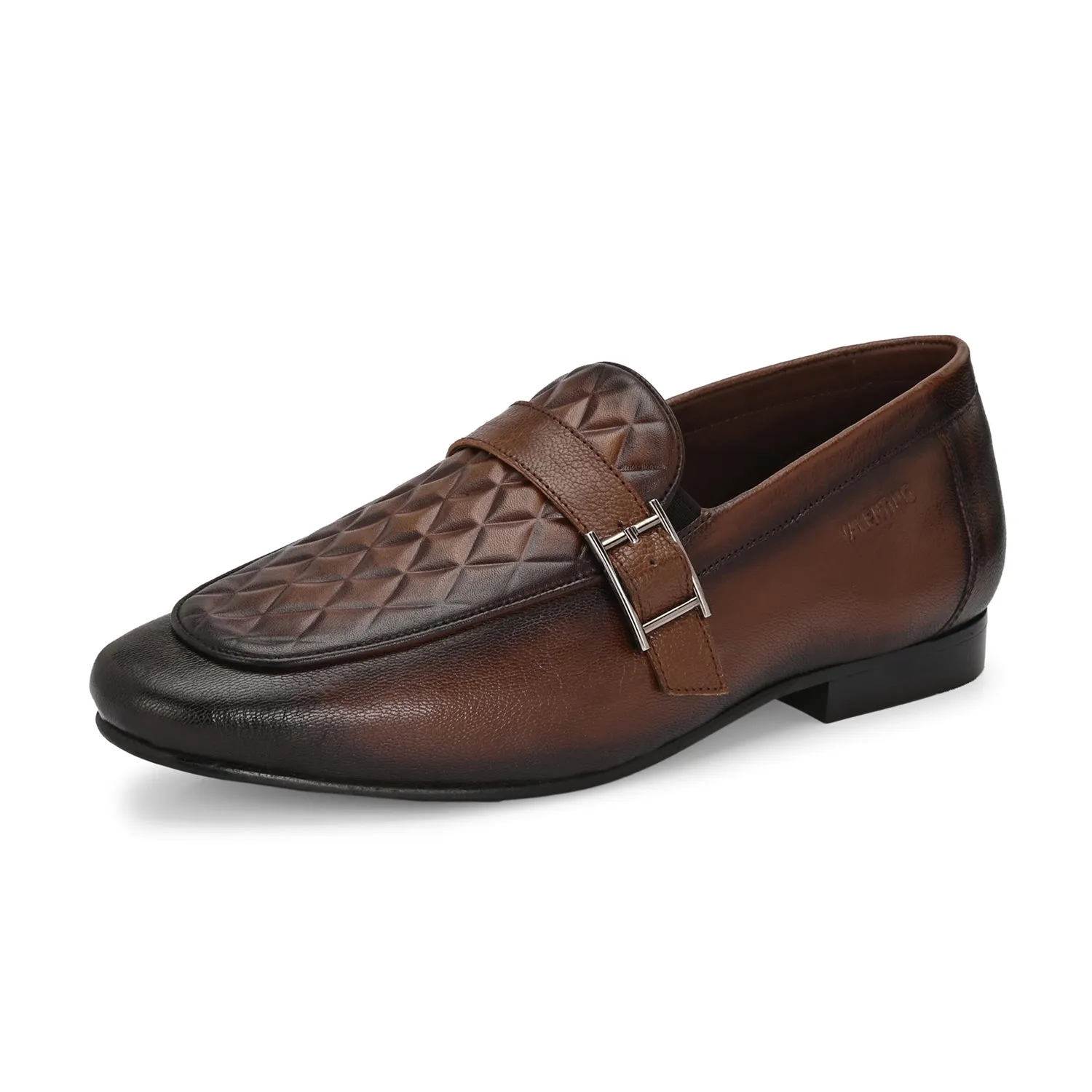 Men Premium Leather Quilted Pattern Penny Loafers with Tunit Sole (Speed-05-Cognac)