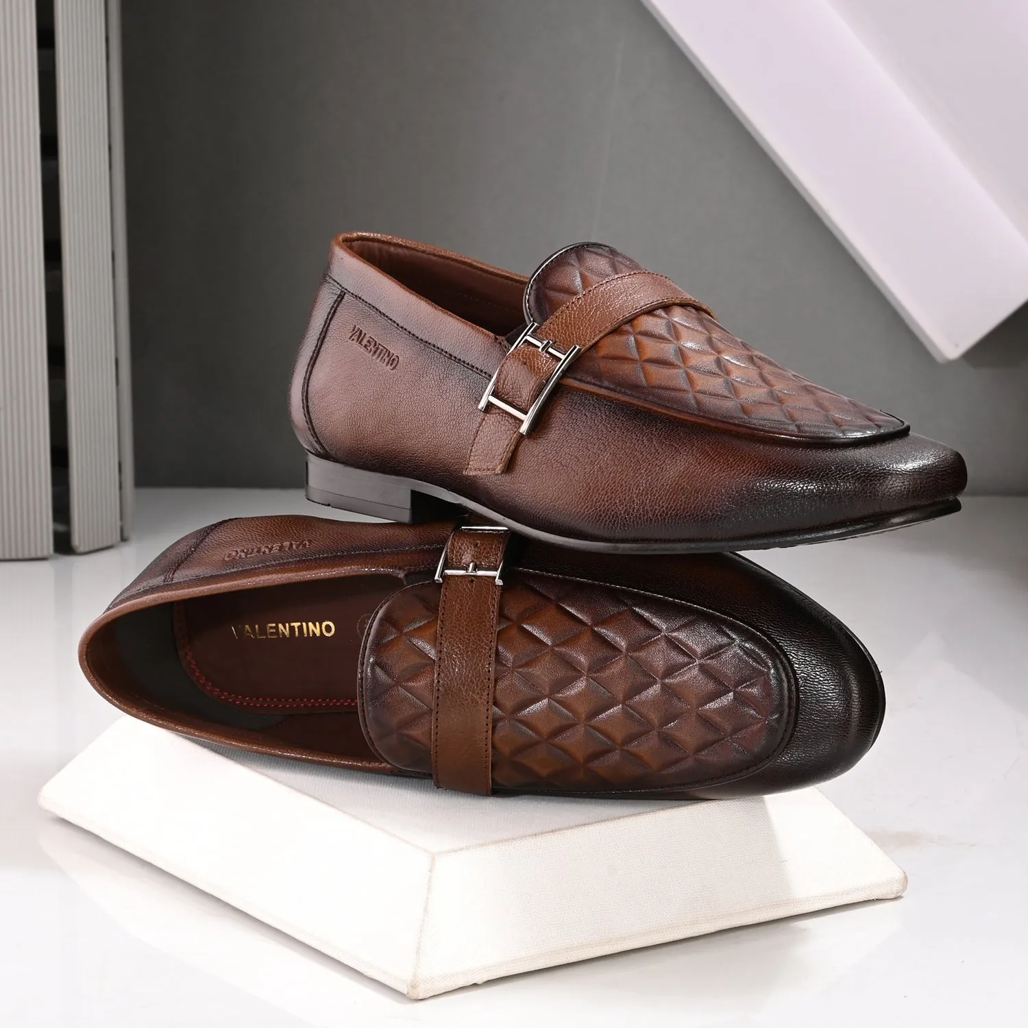Men Premium Leather Quilted Pattern Penny Loafers with Tunit Sole (Speed-05-Cognac)