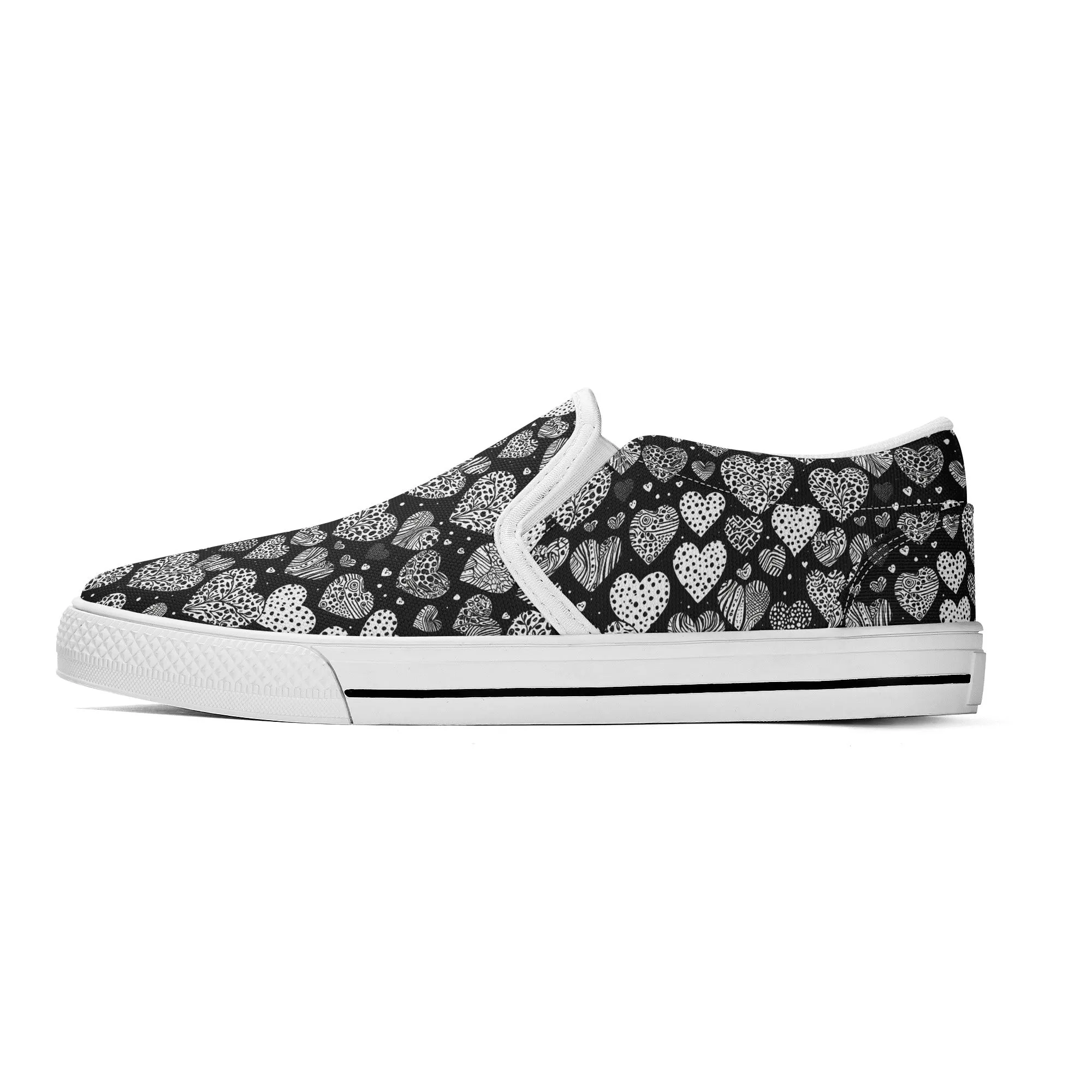 Mens Black and White Hearts Rubber Slip On Shoes