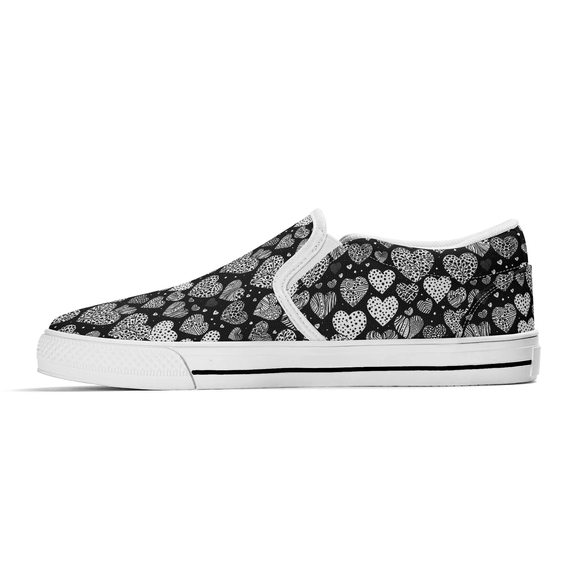 Mens Black and White Hearts Rubber Slip On Shoes