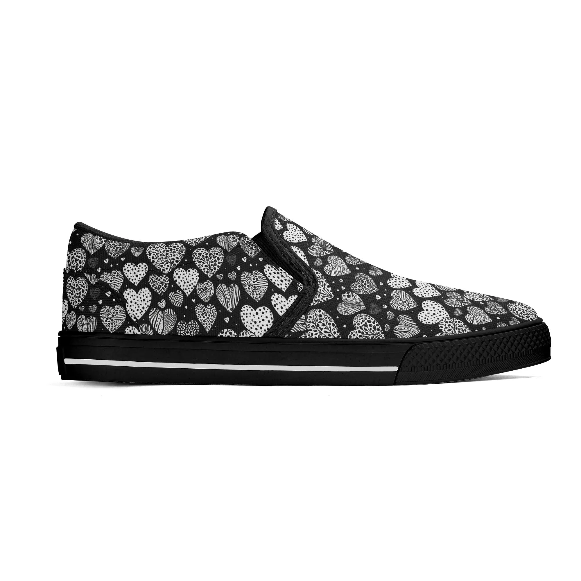 Mens Black and White Hearts Rubber Slip On Shoes