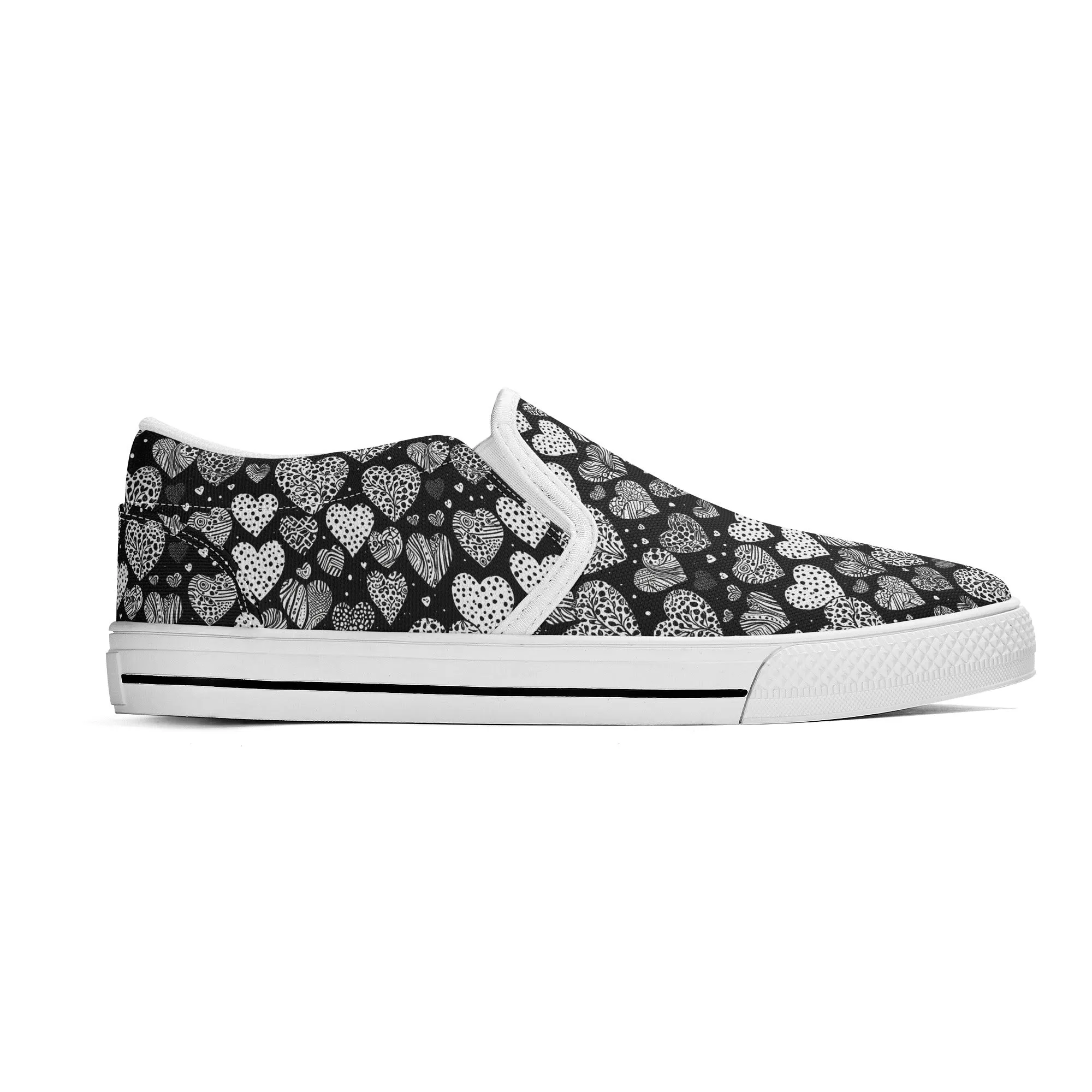 Mens Black and White Hearts Rubber Slip On Shoes