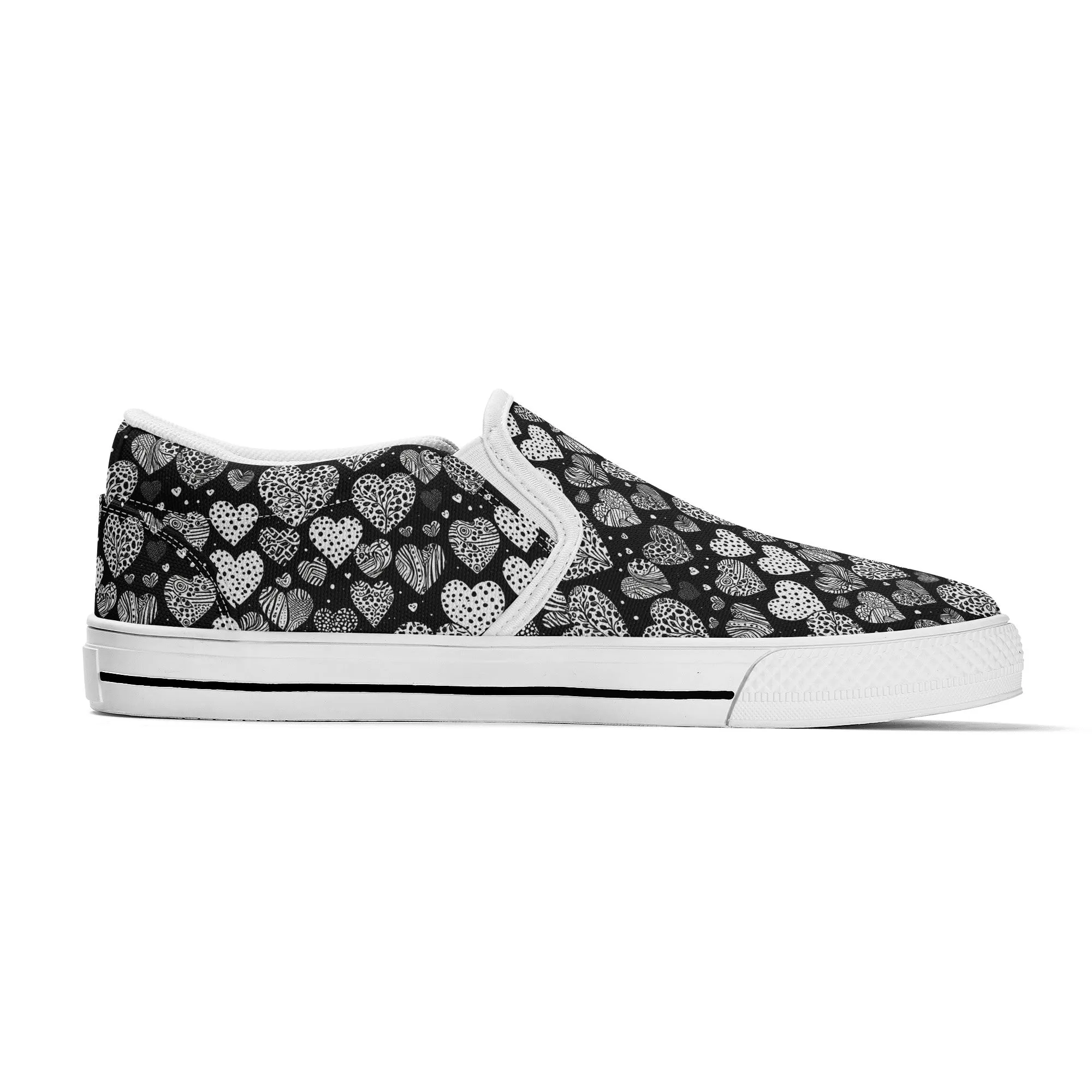 Mens Black and White Hearts Rubber Slip On Shoes