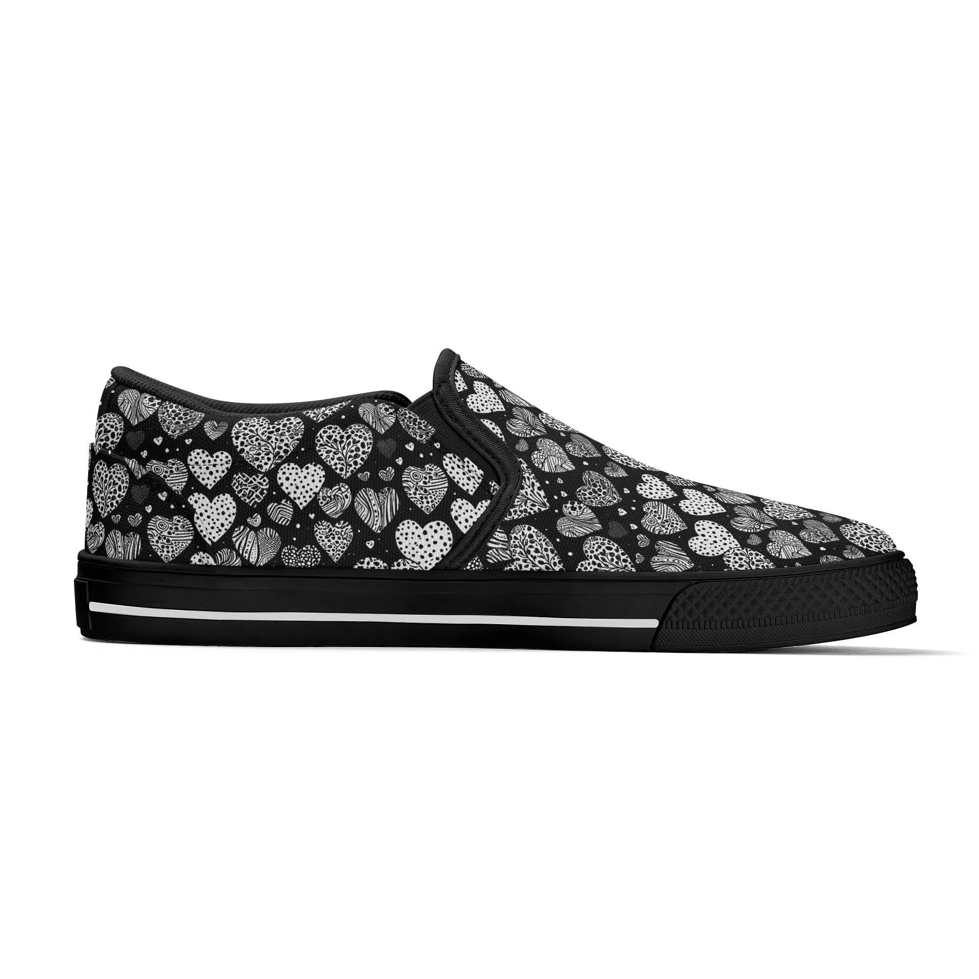 Mens Black and White Hearts Rubber Slip On Shoes