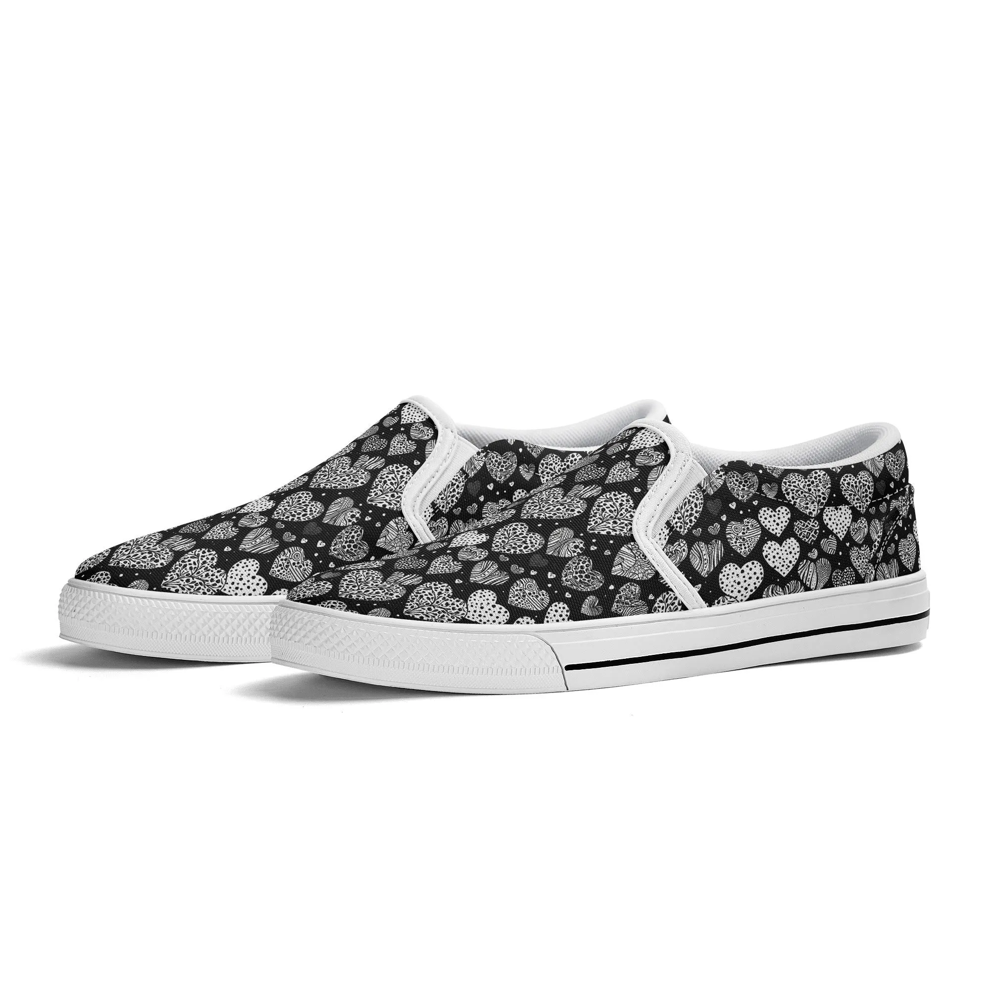 Mens Black and White Hearts Rubber Slip On Shoes