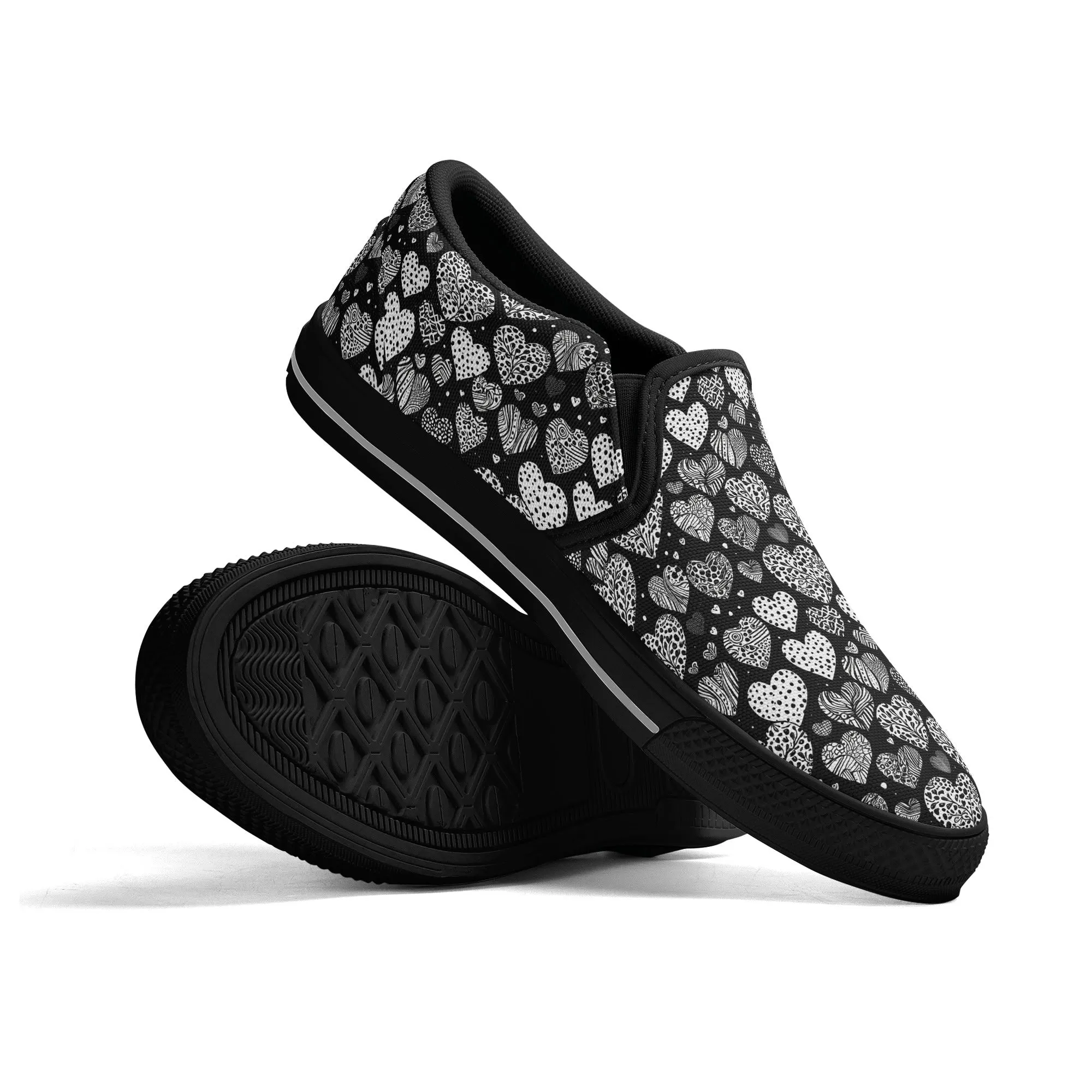 Mens Black and White Hearts Rubber Slip On Shoes
