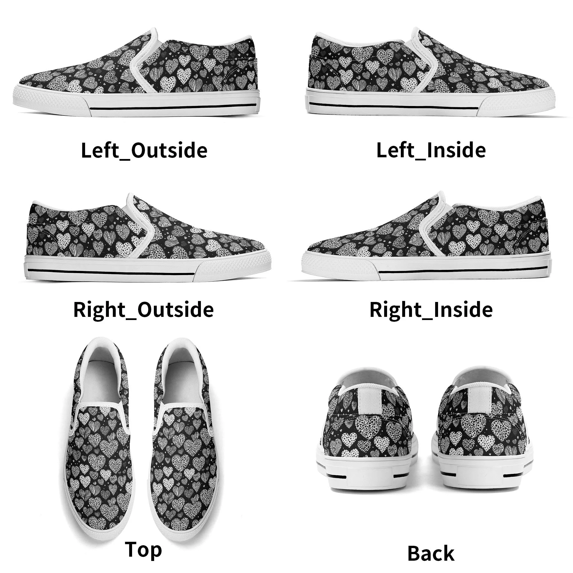 Mens Black and White Hearts Rubber Slip On Shoes