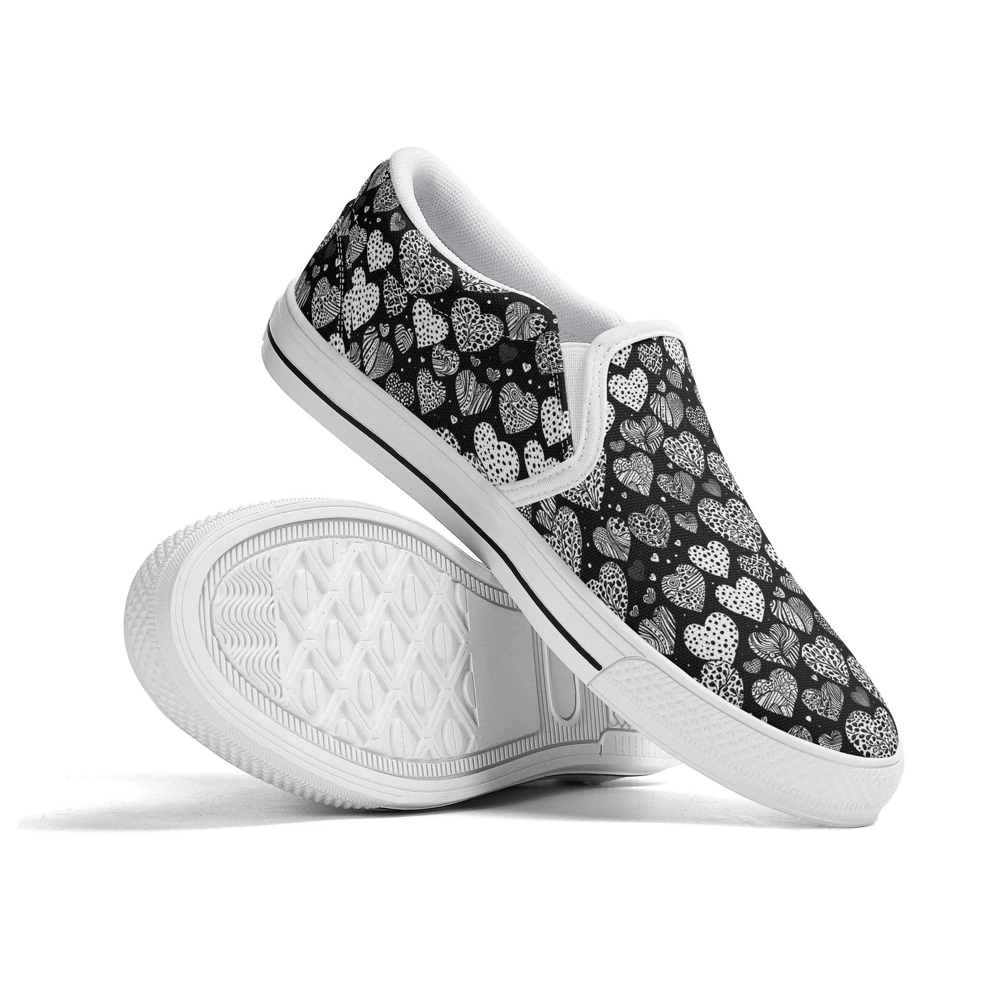 Mens Black and White Hearts Rubber Slip On Shoes