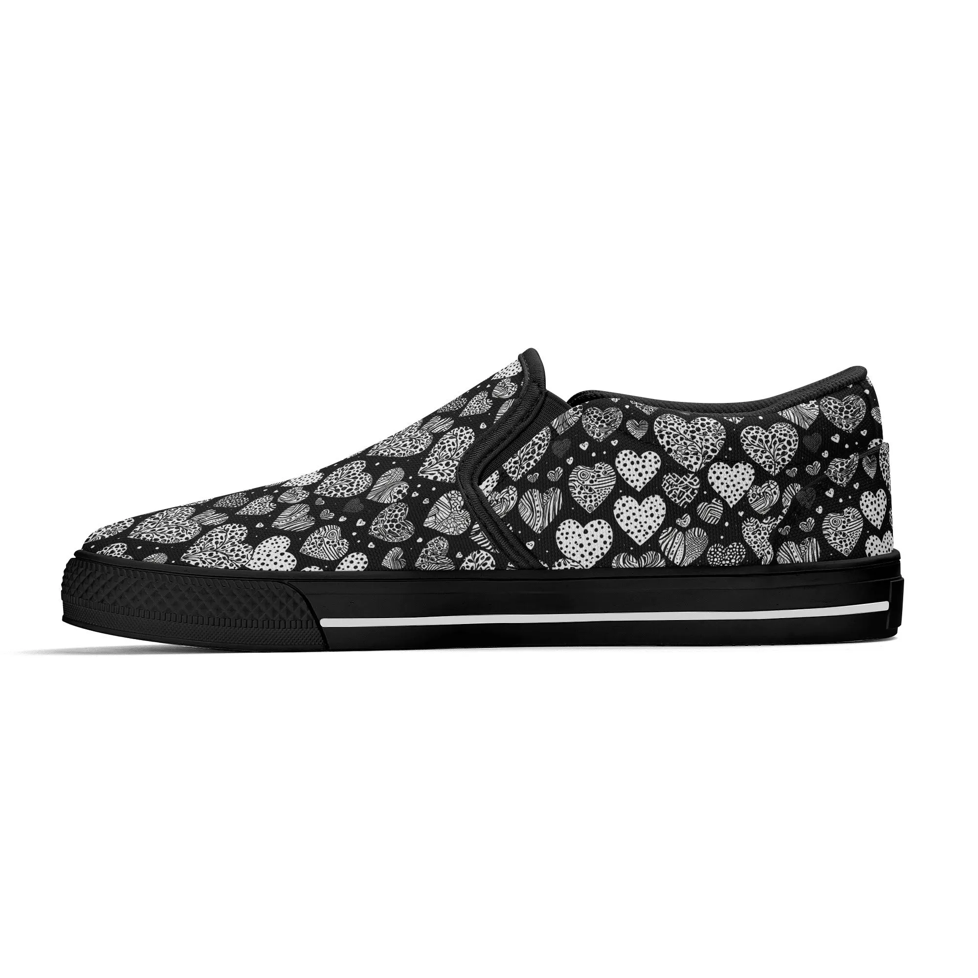 Mens Black and White Hearts Rubber Slip On Shoes