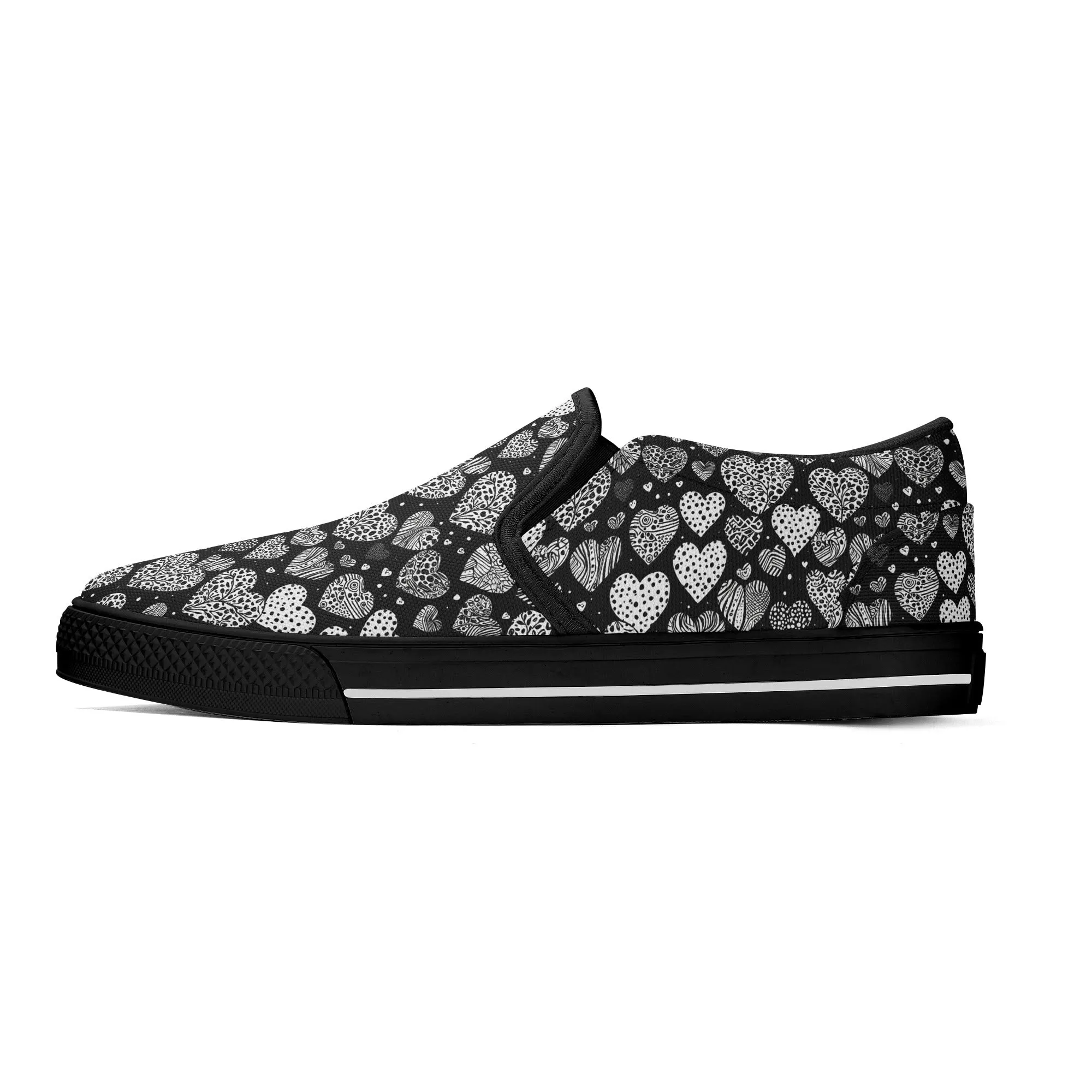 Mens Black and White Hearts Rubber Slip On Shoes