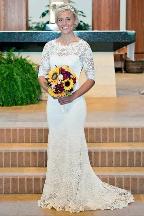 Mermaid Scoop Open Back Long Sleeves Wedding Dresses With Appliques WD004