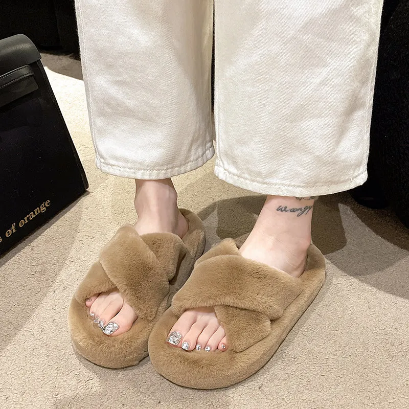 Non-slip Thick-sole Crossover Fuzzy Slippers