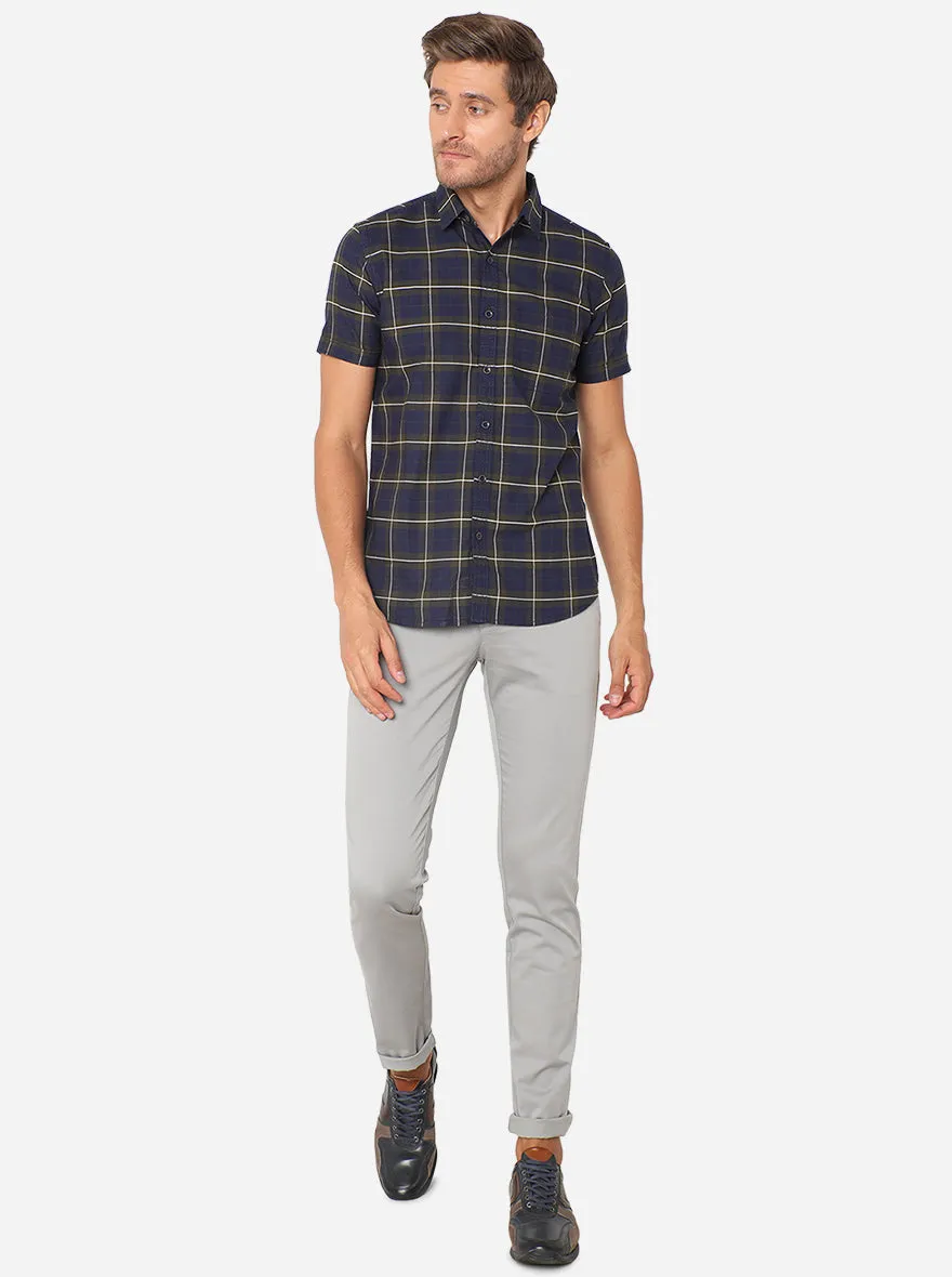 Olive & Blue Checked Slim Fit Semi Casual Shirt | JadeBlue