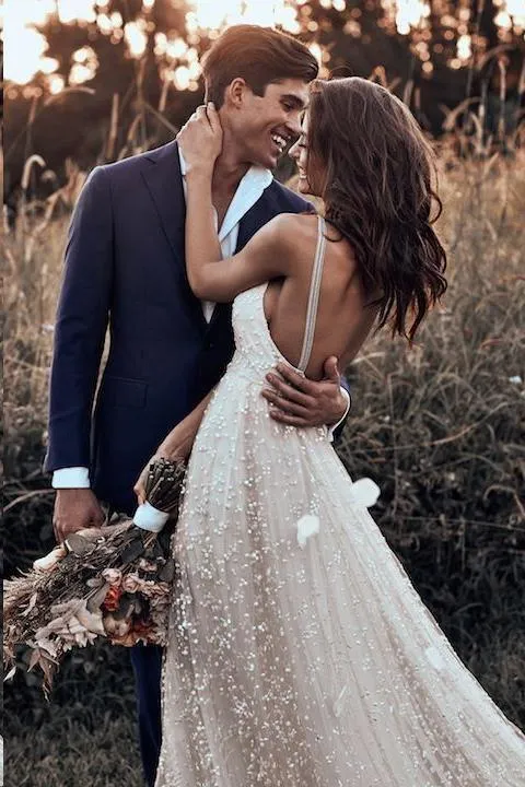 Open Back Straps Long Train A-line Lace Simple Rustic Wedding Dress TN212