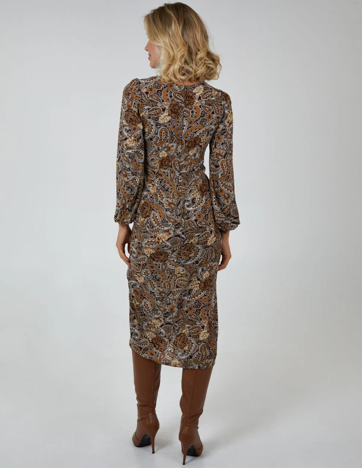 Ruched Midi Dress With Balloon Sleeve