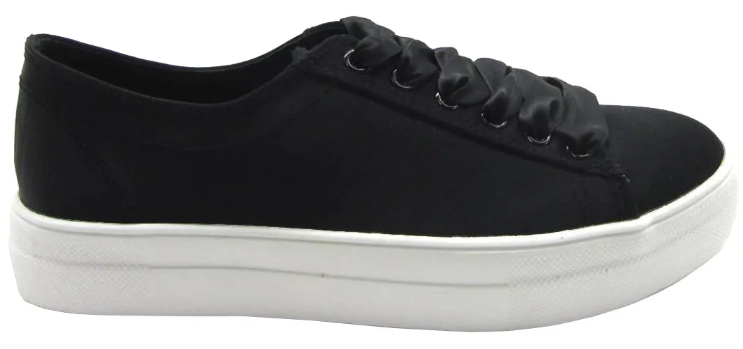 Soda Women's Closed Round Toe Satin Lace-Up Platform Flatform Fashion Sneaker