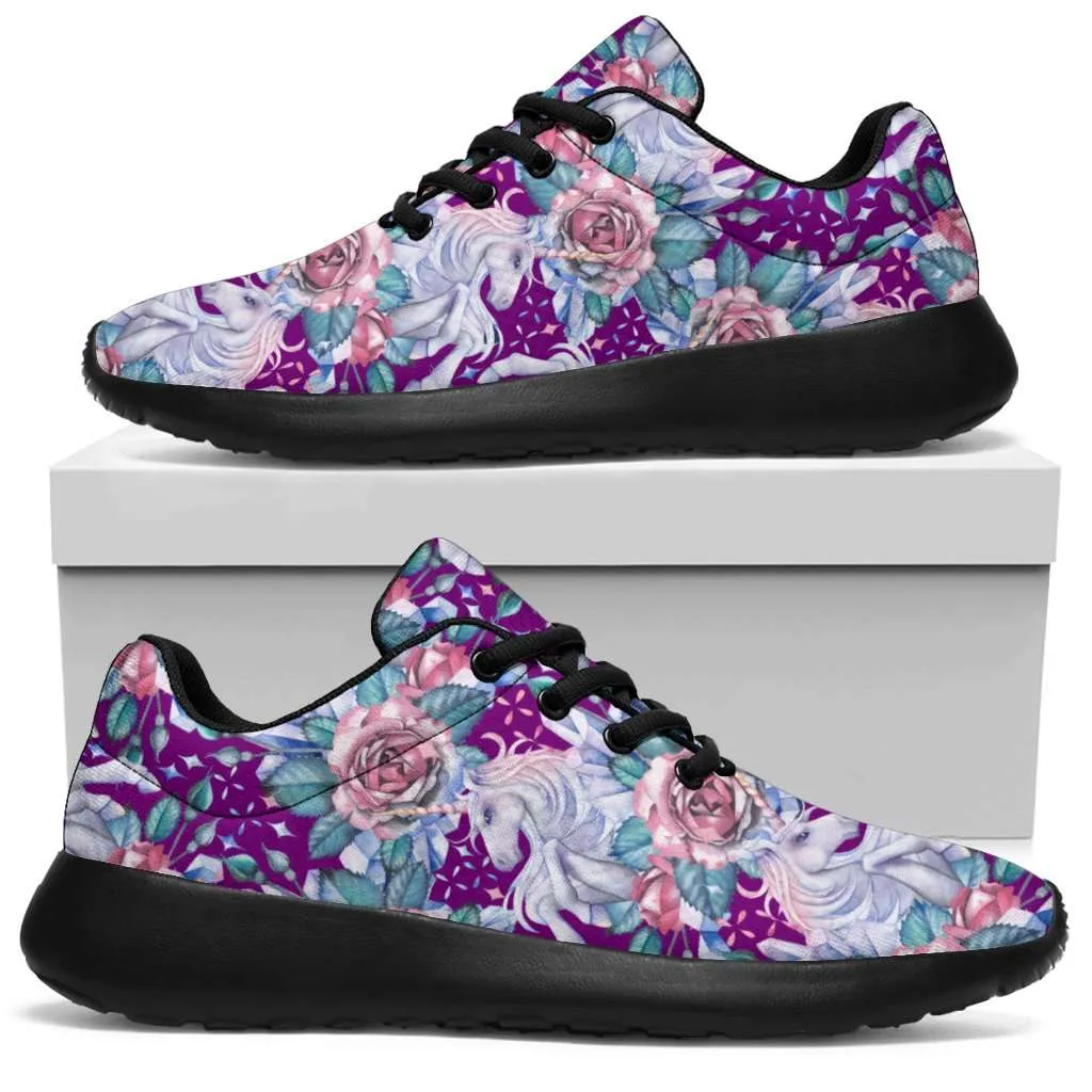 Unicorns and Roses on Purple Sport Sneakers