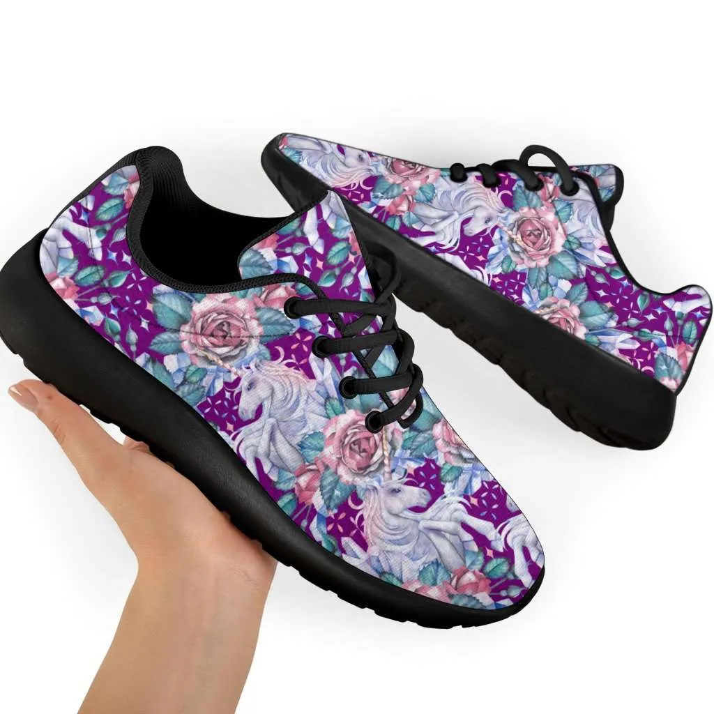 Unicorns and Roses on Purple Sport Sneakers